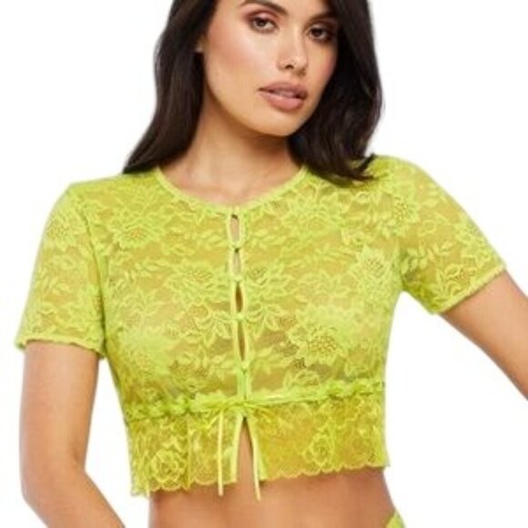 Savage x Fenty Neon Green Lace Button Down Crop Top - Picture 1 of 7